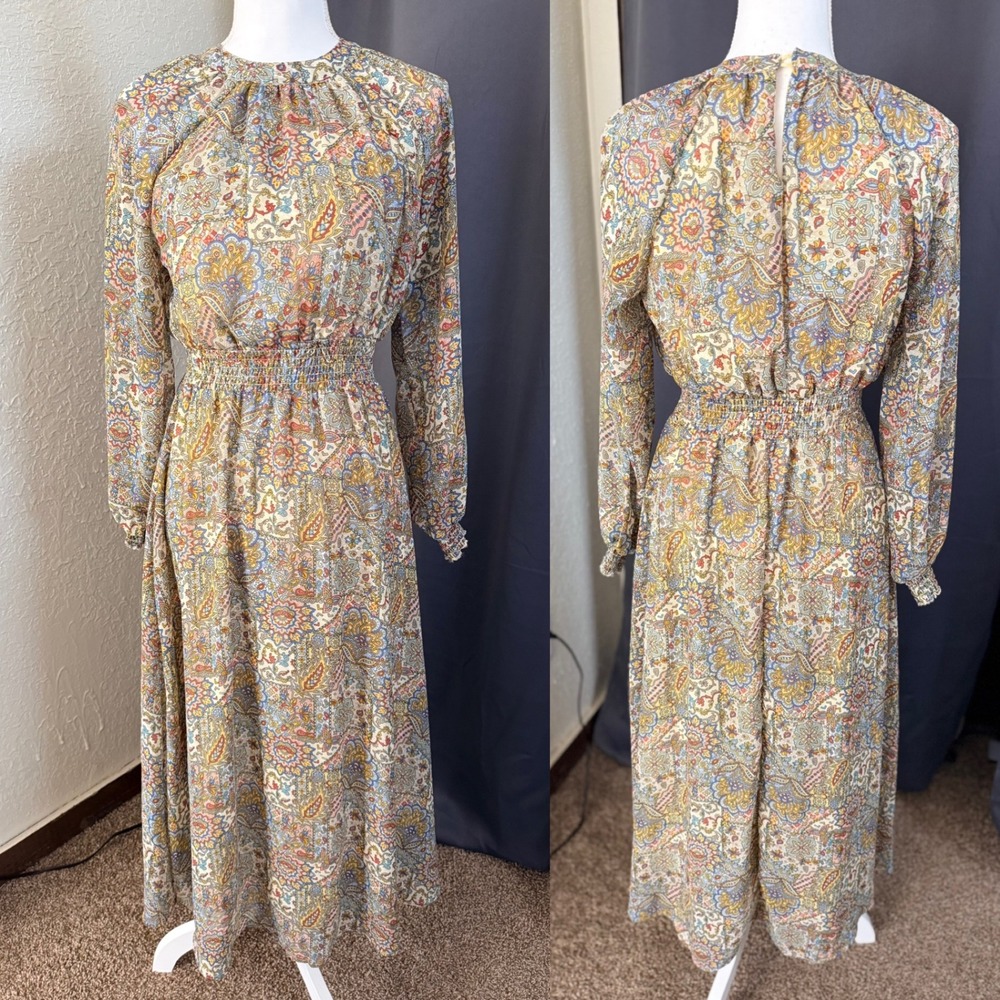 Lark + Grey Paisley Floral Smocked Waist Maxi Dress Long Sleeve S cottagecore